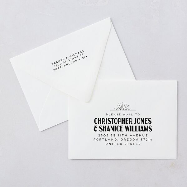 Vintage Art Deco Photo Save The Date Card Euro Envelopes Off-White White Both Recipient and Return Addresses Luxe Signature