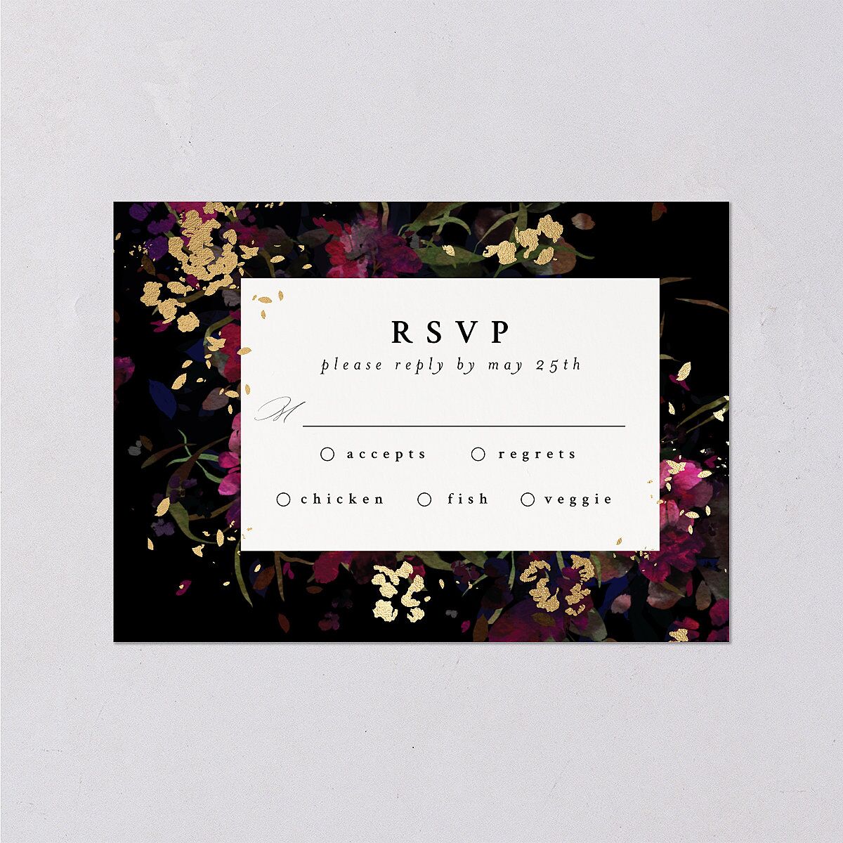 Midnight Floral Wedding Response Cards Gold Raspberry Signature Standard