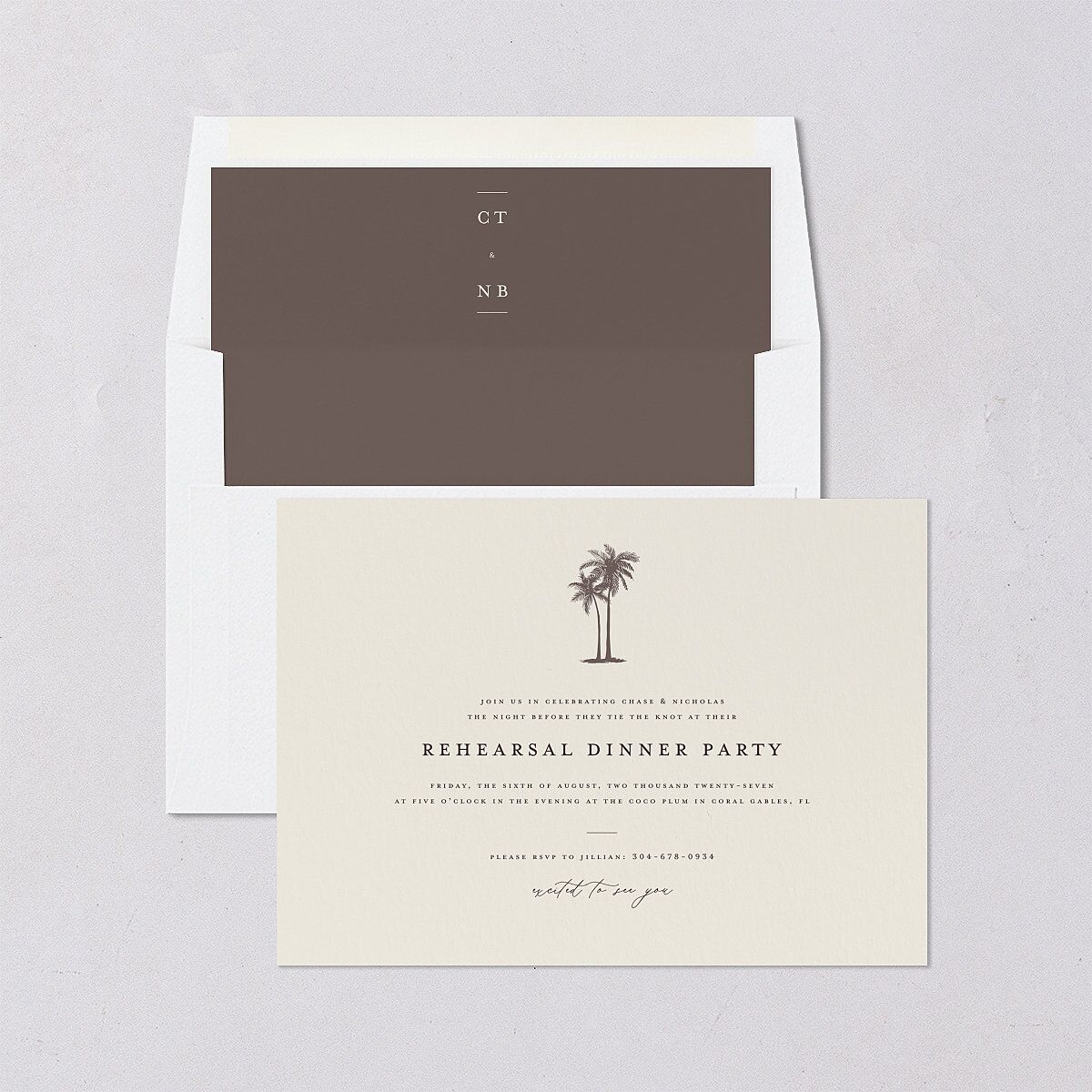 Palm Tree Icon Rehearsal Dinner Invitations Champagne Signature Blank Standard
