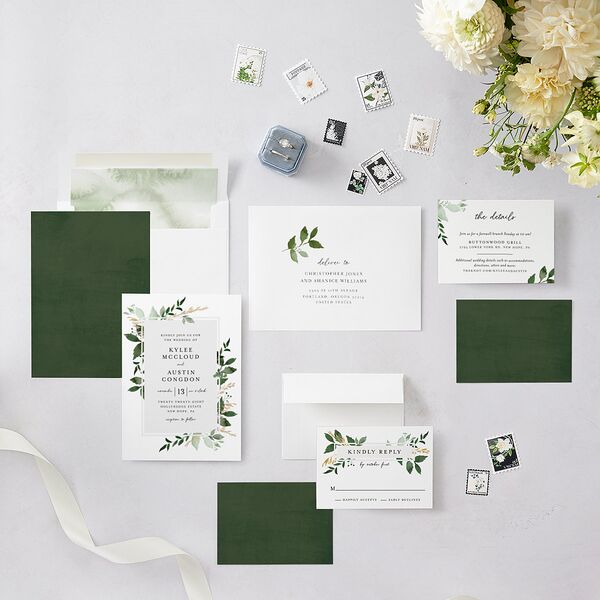 Leafy Frame Wedding Invitations Hunter Green Signature Blank No Standard