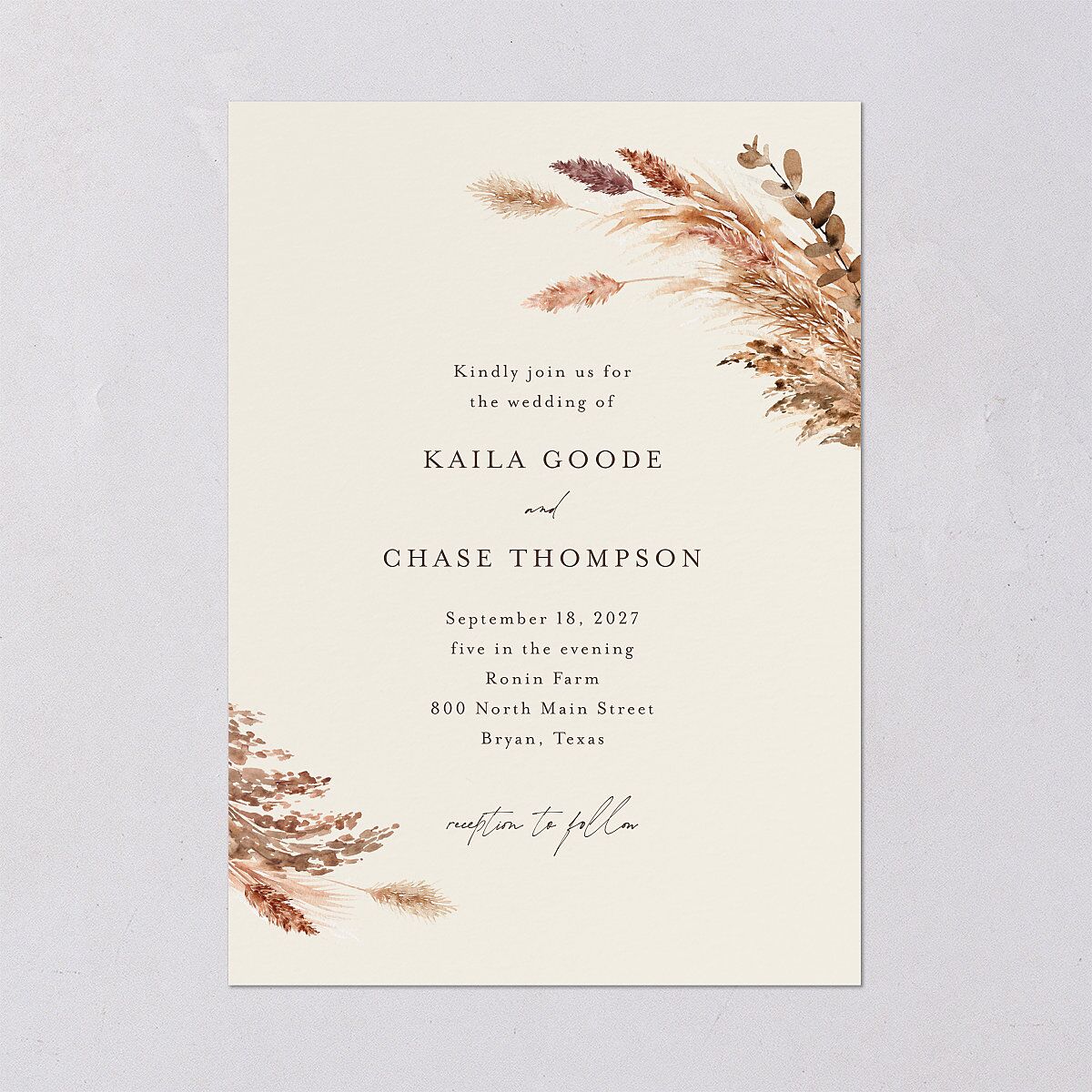 Soft Pampas Botanical Wedding Invitations Sepia Signature Blank No Standard