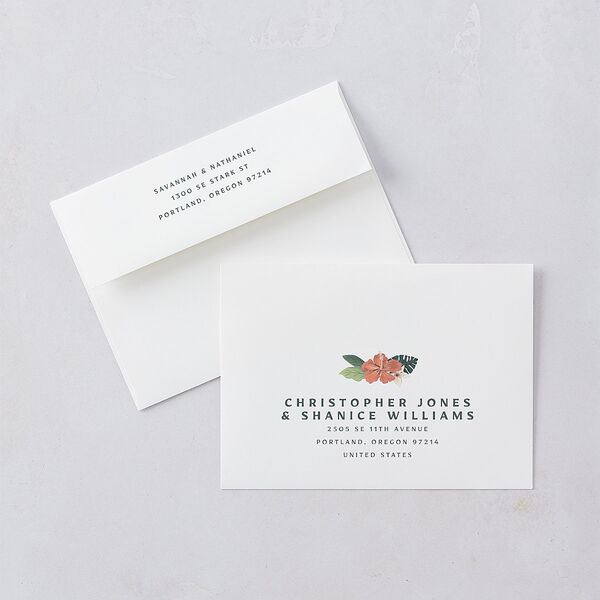 Vintage Hawaiian Island Wedding Invitation Envelopes White Eucalyptus Both Recipient and Return Addresses Standard Signature