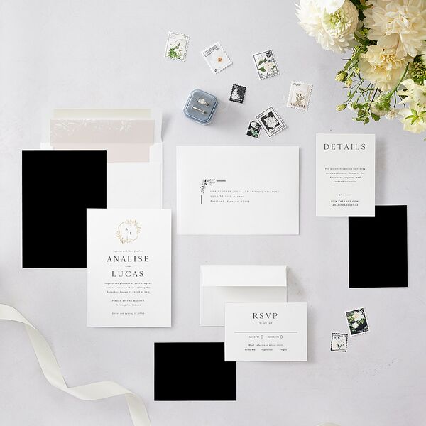 Monogram Leaves Wedding Invitations Gold Charcoal Signature Blank No