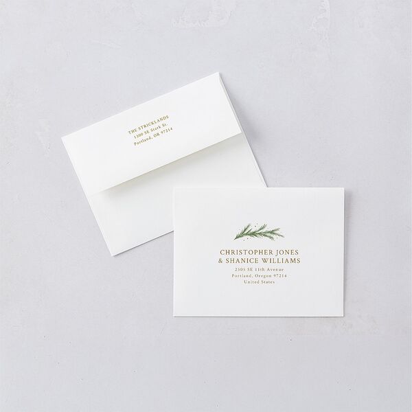Rustic Garland Newlyweds First Christmas Thank You Card Envelopes White Linen Both Recipient and Return Addresses Signature Standard