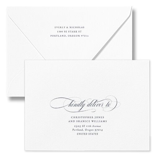 Exquisite Calligraphy Wedding Invitation Euro Envelopes White French Blue Both Recipient and Return Addresses Luxe Signature