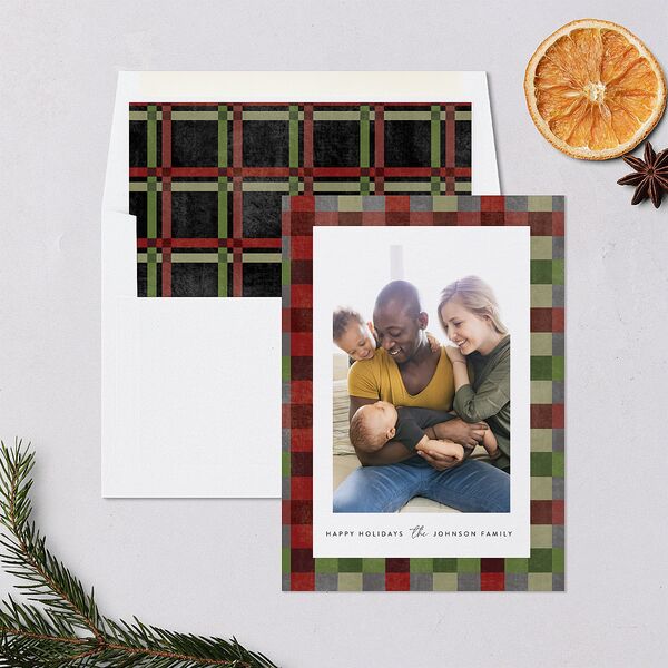 Plaid Window Holiday Cards Rust Signature Blank Standard Portrait