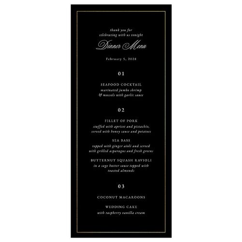 Romantic Ampersand Foil Menus Midnight Gold Signature
