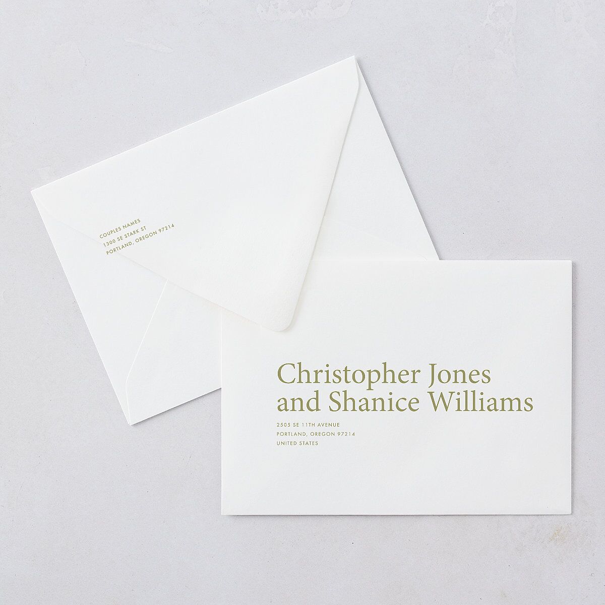 Hand Drawn Heart Photo Wedding Invitation Euro Envelopes Moss White Both Recipient and Return Addresses Luxe Signature