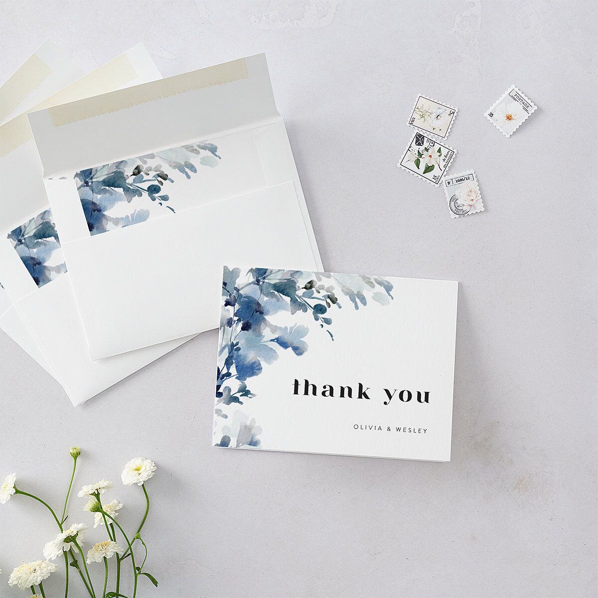 Watercolor Blooms Thank You Cards Midnight Navy