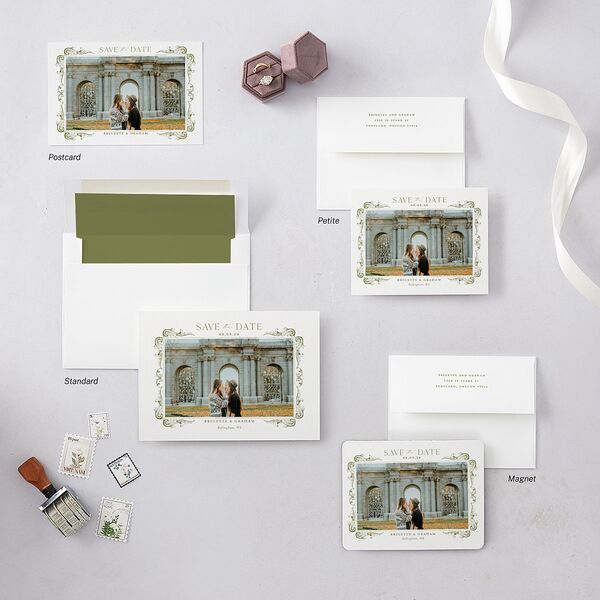 Vintage Ornate Frame Save The Date Postcards Olive