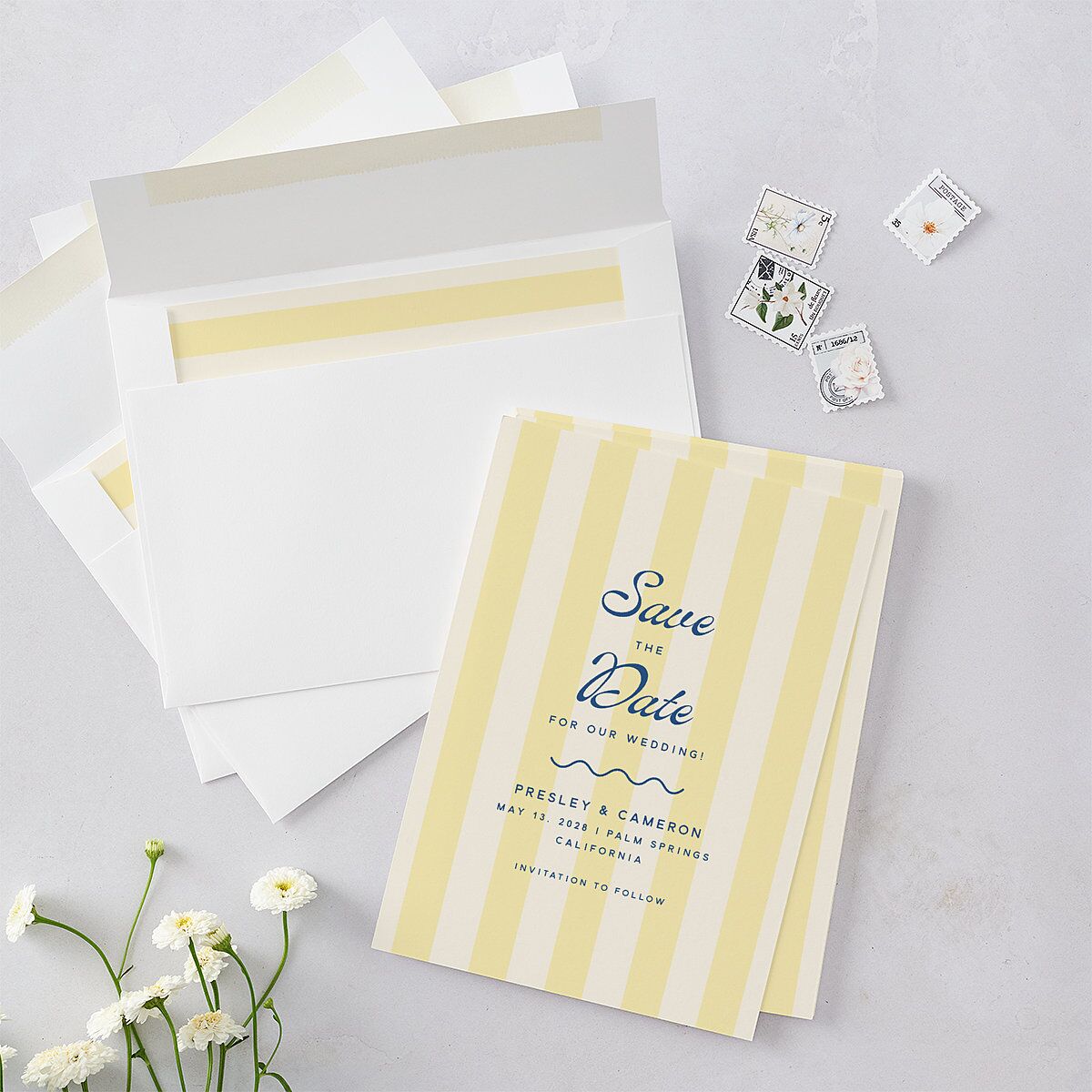 Cabana Stripes Save the Date Cards Lemon Signature smooth Blank Standard