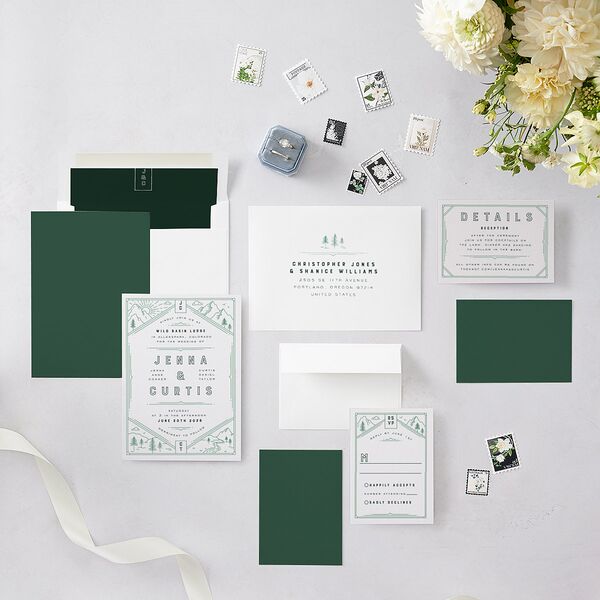 Iconic Mountain Wedding Invitations Dark Green Signature Blank No Standard