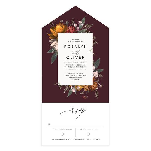Blooming Botanical All-in-One Wedding Invitations Burgundy Signature Light Both Recipient and Return Addresses No