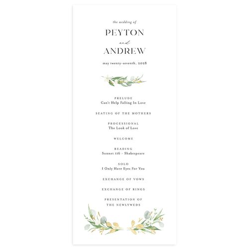 Greenery Laurel Foil Wedding Programs Pure White Gold Signature