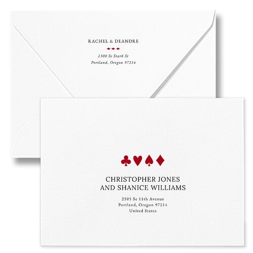 Las Vegas Playing Card Rehearsal Dinner Invitation Euro Envelopes White Jewel Red Both Recipient and Return Addresses Luxe Signature