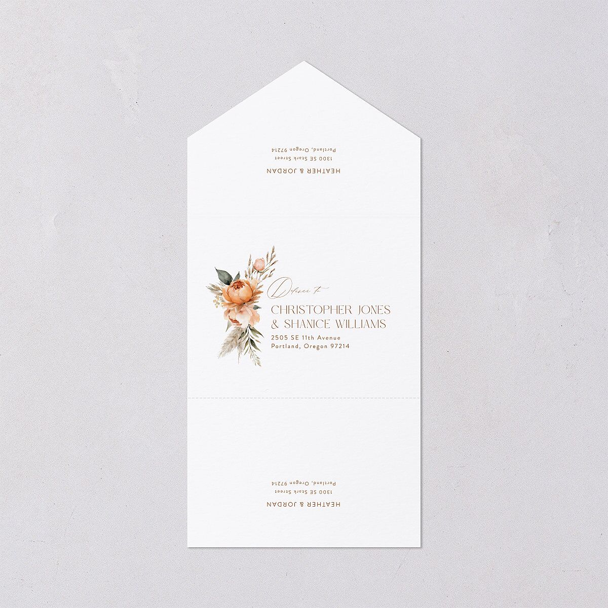 Bohemian Bouquet Foil All-in-One Wedding Invitations Peach Fuzz Signature Light Both Recipient and Return Addresses No