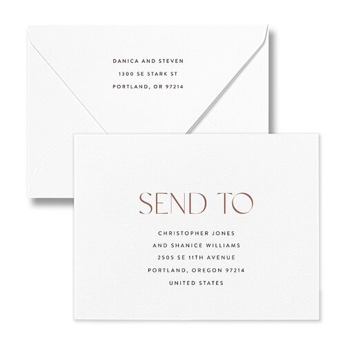 Windows Save the Date Petite Card Euro Envelopes White Burgundy Both Recipient and Return Addresses Luxe Signature
