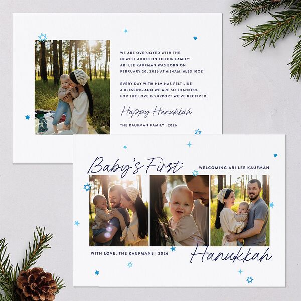 Baby's First Hanukkah Confetti Holiday Cards Pure White Signature Blank Standard Portrait