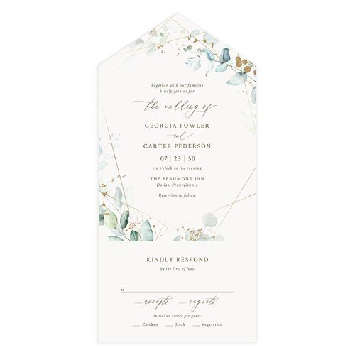Ethereal Greenery and Gold All-in-One Wedding Invitations Pure White Signature Light Both Recipient and Return Addresses No
