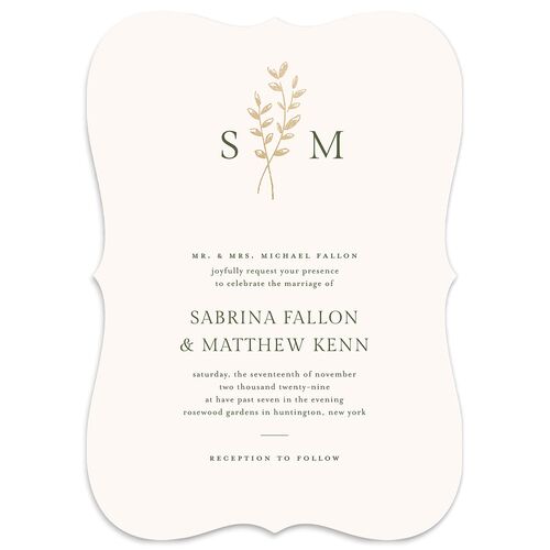 Elegant Botanical Initials Foil  Wedding Invitations Eucalyptus Gold Signature Blank No Bracket