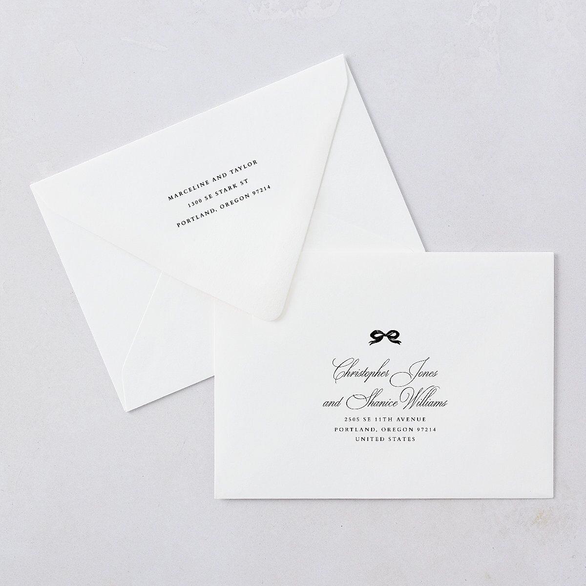 Classic Champagne with Bows Rehearsal Dinner Invitation Euro Envelopes White Pure White Both Recipient and Return Addresses Luxe Signature