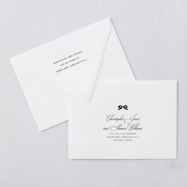 Classic Champagne with Bows Rehearsal Dinner Invitation Euro Envelopes White Pure White Both Recipient and Return Addresses Luxe Signature