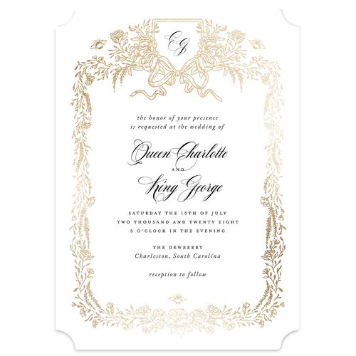 Rose Garden Crest Wedding Invitations by Bridgerton Gold Pure White Signature Blank No Ticket