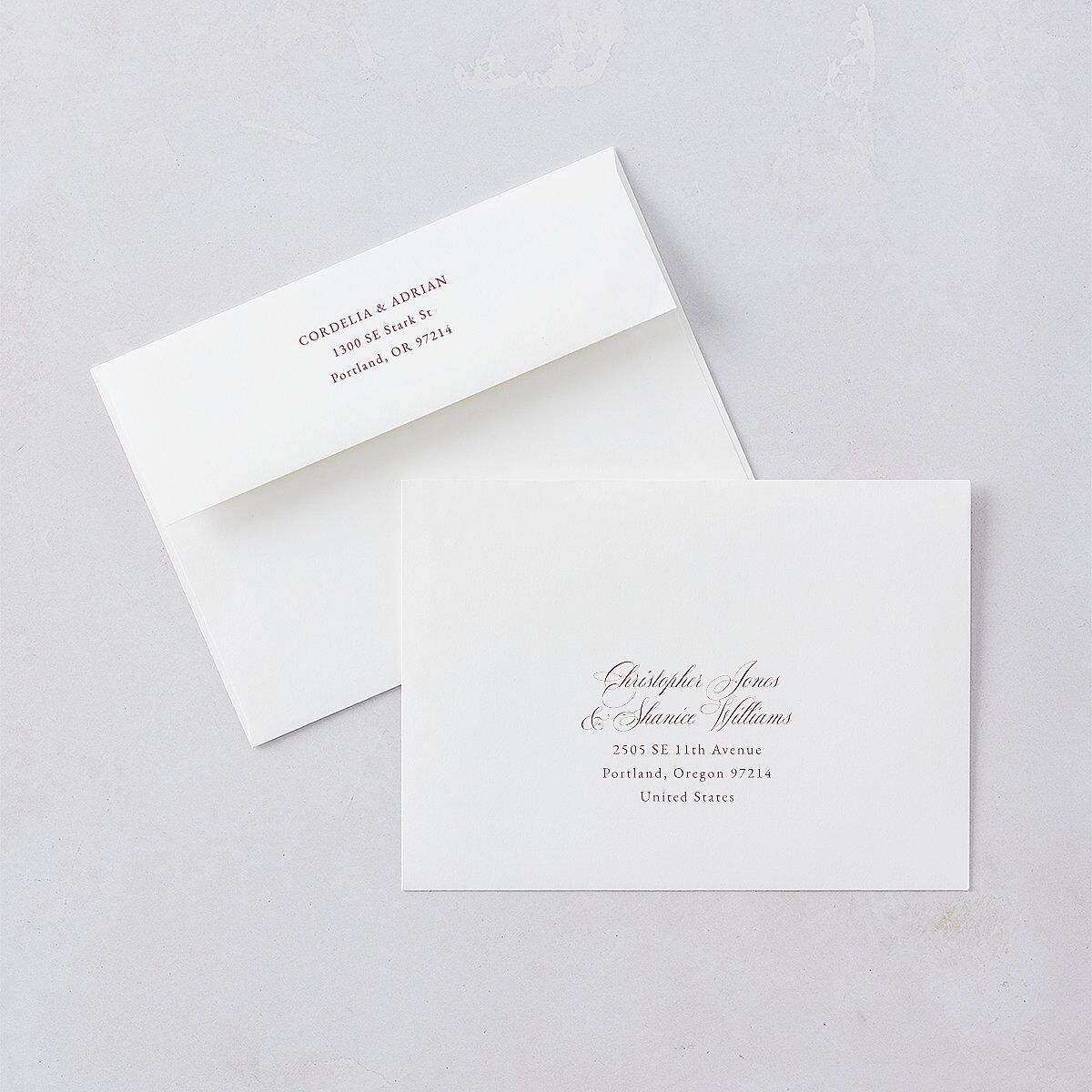 Ornate Lace Save The Date Card Envelopes White Maroon Both Recipient and Return Addresses Signature Standard