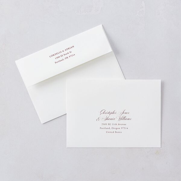 Ornate Lace Save The Date Card Envelopes White Maroon Both Recipient and Return Addresses Signature Standard