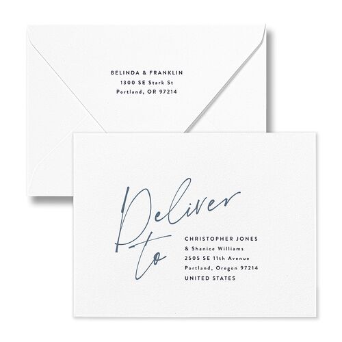 Modern Script Names Thank You Card Euro Envelopes White Navy Both Recipient and Return Addresses Luxe Signature