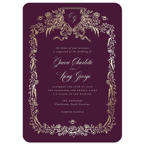 Rose Garden Crest Wedding Invitations by Bridgerton Gold Bordeaux Signature Blank No Rounded