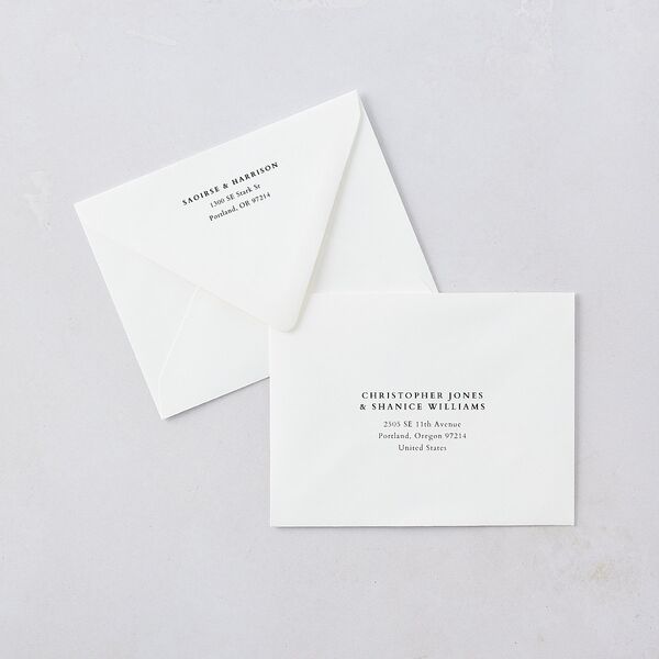 Elegant Editorial Page Save the Date Magnet Euro Envelopes Champagne White Both Recipient and Return Addresses Luxe Signature