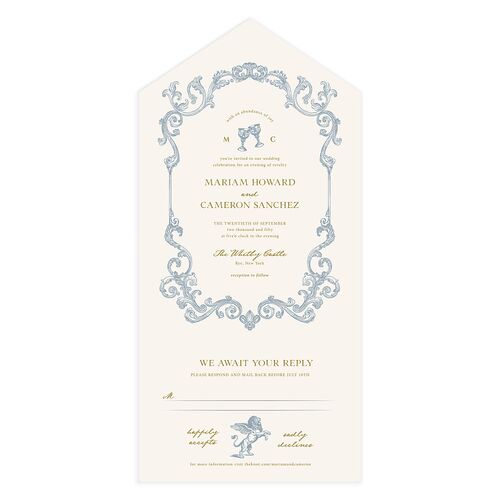 Romantic Fantasy All-in-One Wedding Invitations Dusty Blue Signature Light Both Recipient and Return Addresses No