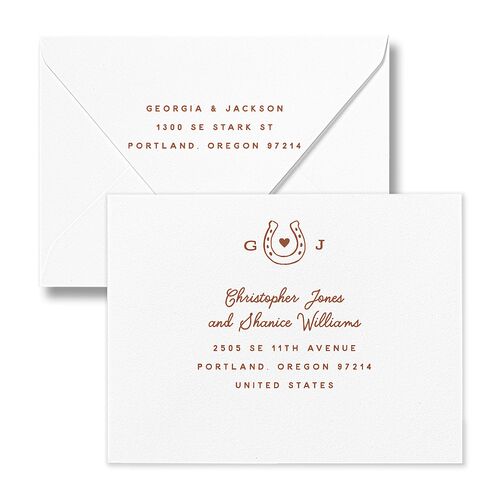 Western I Do BBQ Save the Date Petite Card Euro Envelopes White Saddle Both Recipient and Return Addresses Luxe Signature