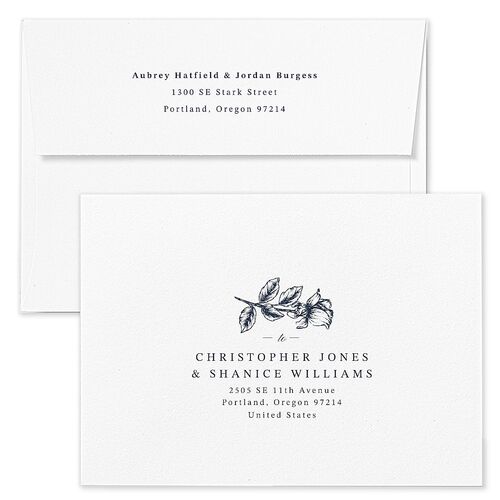 Botanical Luxury Wedding Invitation Envelopes Navy White Both Recipient and Return Addresses Standard Signature