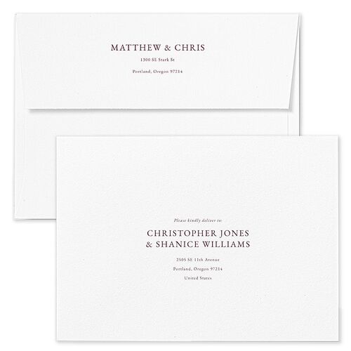 Classically Stated Rehearsal Dinner Invitation Envelopes Bordeaux White Both Recipient and Return Addresses Signature Standard