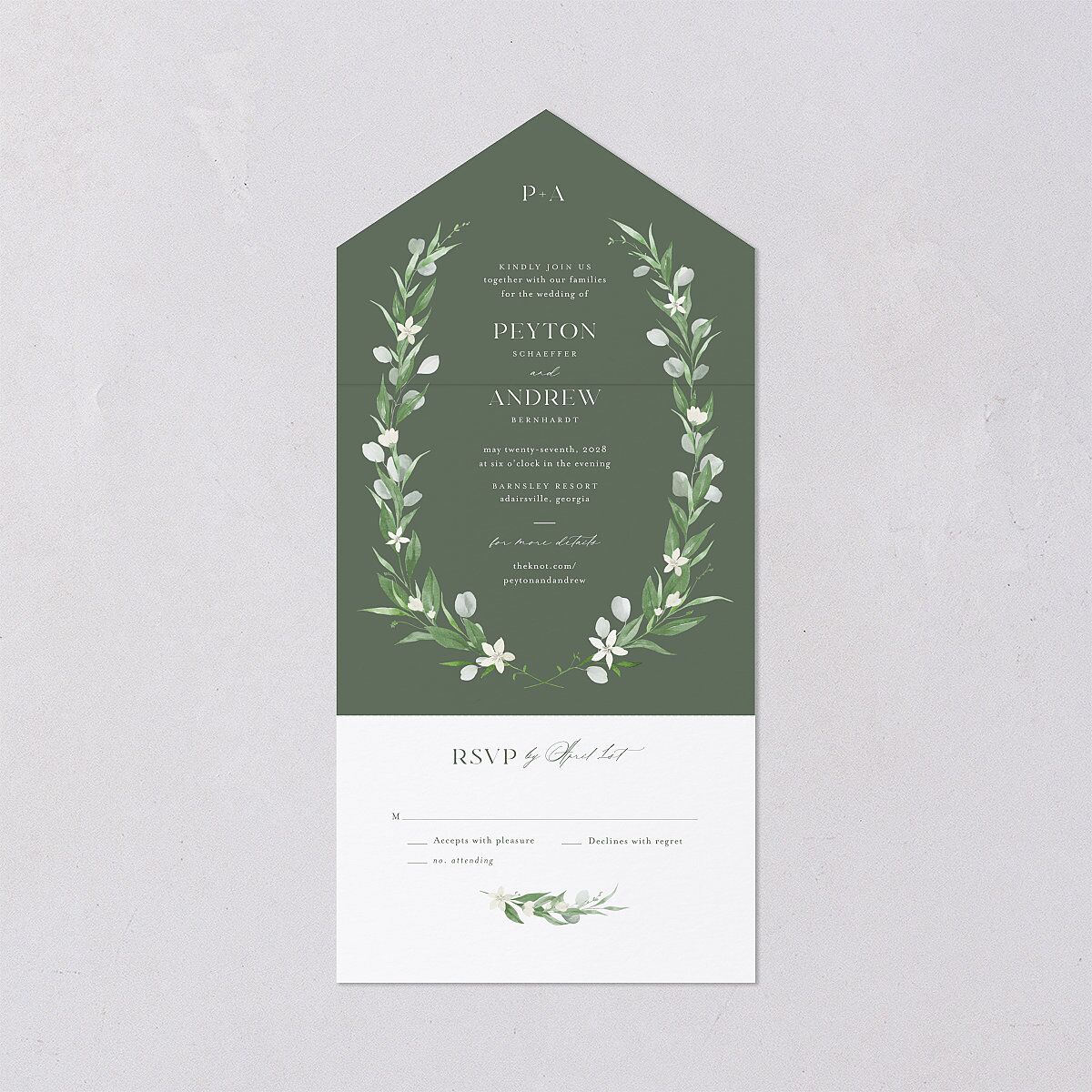 Greenery Laurel All-in-One Wedding Invitations Thyme Signature Light Both Recipient and Return Addresses No