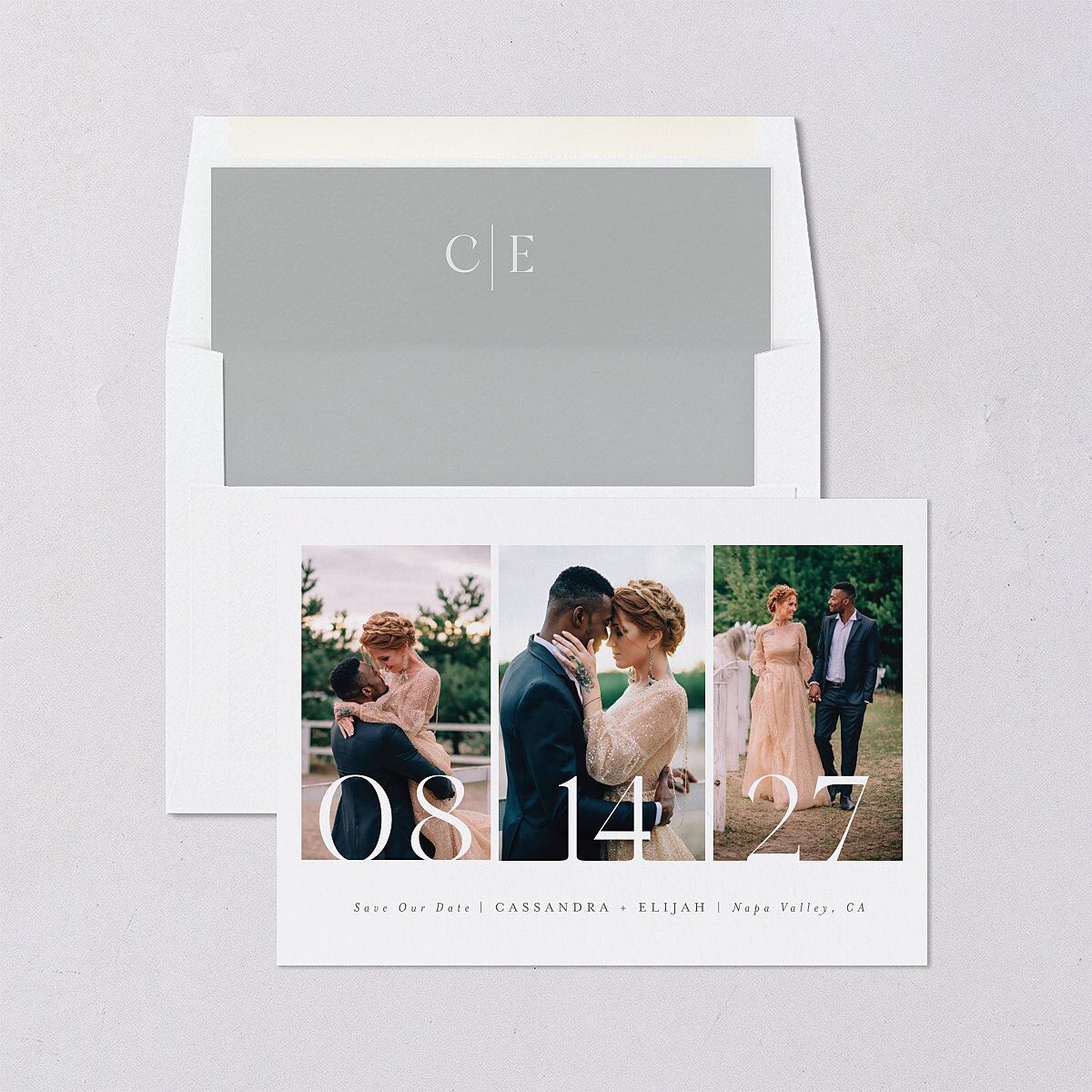 Triptych Photo Save the Date Cards Pure White Signature smooth Blank No Standard