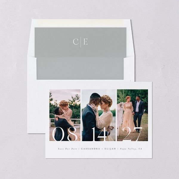 Triptych Photo Save the Date Cards Pure White Signature smooth Blank No Standard
