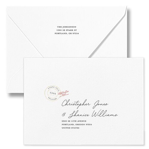 Special Delivery Announcement Christmas Post Holiday Card Euro Envelopes White True Red Both Recipient and Return Addresses Luxe Signature