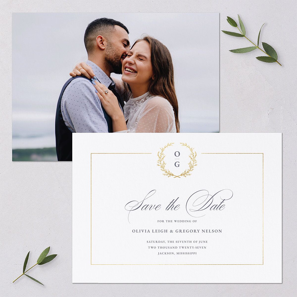 Gilded Wreath Save the Date Cards — view 1