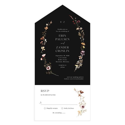 Simple Bohemian Wildflowers All-in-One Wedding Invitations Licorice No Signature Light Both Recipient and Return Addresses