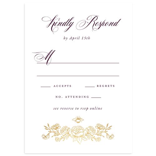 Rose Garden Crest Wedding Response Cards by Bridgerton Gold Bordeaux Signature Standard