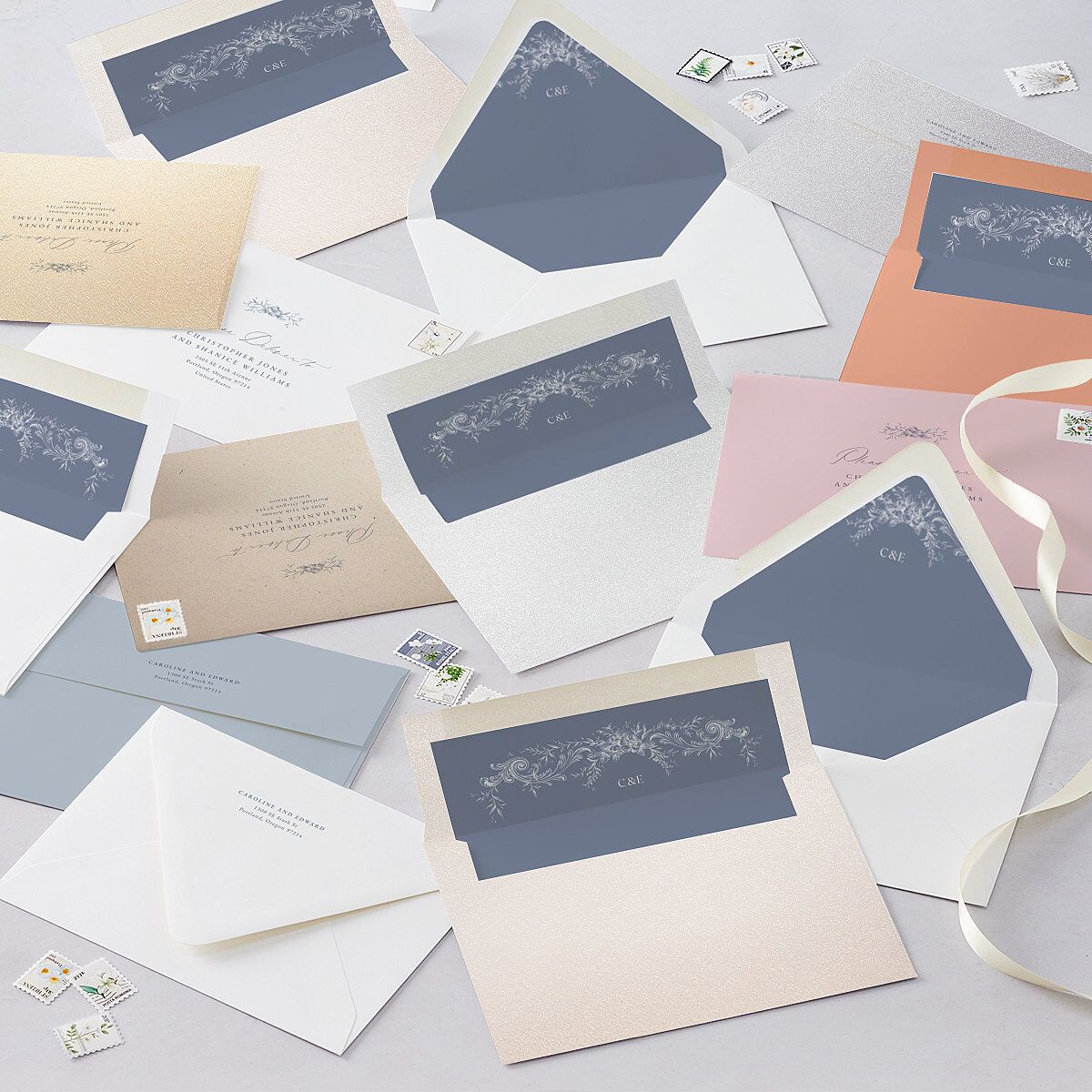 Antique Victorian Botanical Wedding Invitations Dusty Blue Signature Blank No Rounded