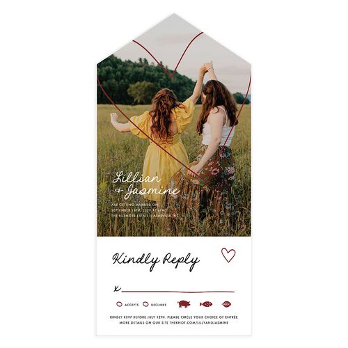 Hand Drawn Heart Photo All-in-One Wedding Invitations Maroon Signature Light Both Recipient and Return Addresses No