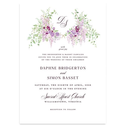 Formal Wisteria Garden Crest Wedding Invitations by Bridgerton Bordeaux Signature Blank No Standard