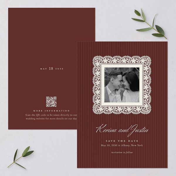Vintage Lace Save the Date Cards Burgundy Signature smooth Blank No Standard