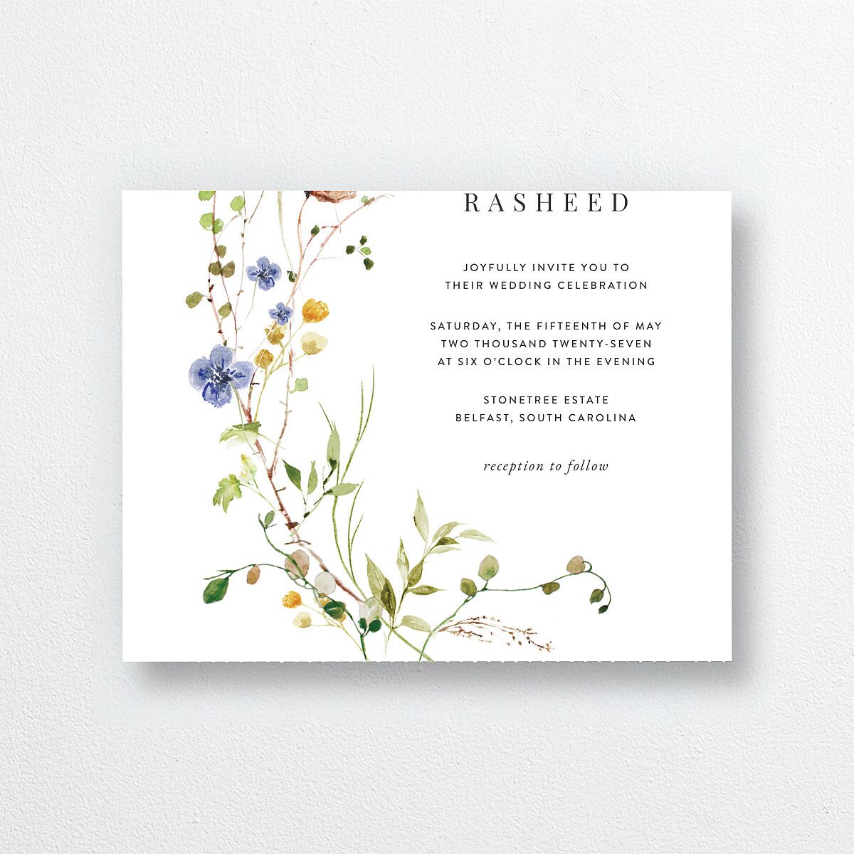Delicate Wildflower All-in-One Wedding Invitations Pure White Signature Light Both Recipient and Return Addresses No