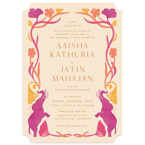 Indian Majestic Legacy Elephants Wedding Invitations Mulberry Signature Blank No Ticket