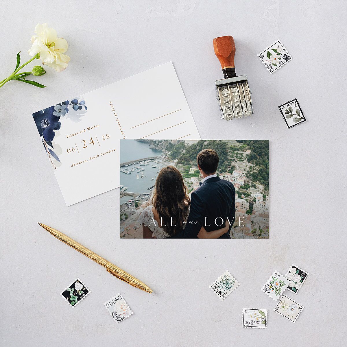 Gilded Blooms Thank You Postcards Regency Blue